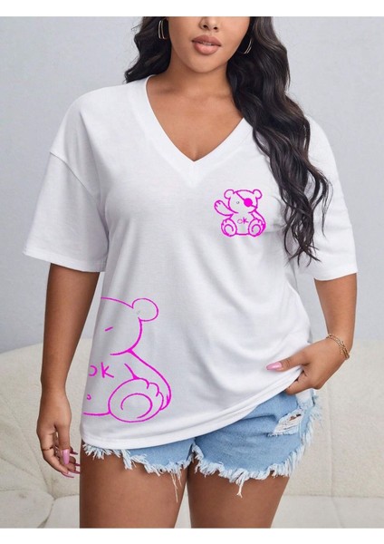V Yaka Baskılı & Düz Beyaz Oversize T-Shirt Salaş Boyfirend