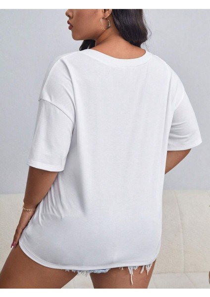 V Yaka Baskılı & Düz Beyaz Oversize T-Shirt Salaş Boyfirend fiyatları
