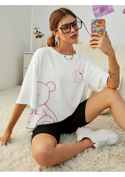 Ayıcık Baskılı Kadın Oversize T-Shirt Salaş Boyfirend
