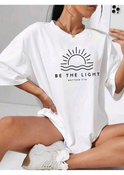 Kadın Be The Lıght Baskılı Oversize Salaş T-Shirt Ünisex Boyfirend