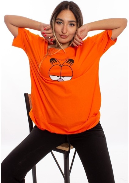 Garfield Baskılı Turuncu Oversize Unisex Tshirt