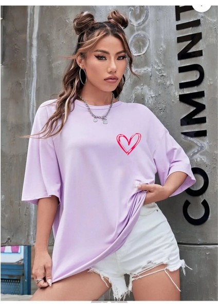 Kadın Tiny Heart Baskılı Kadın Oversize Salas T-Shirt