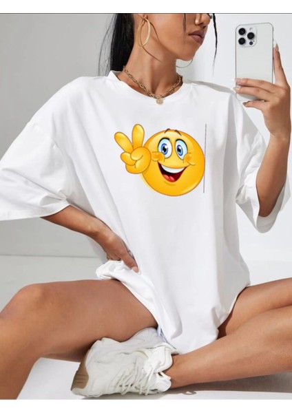 Emoji Baskılı Oversize Ünisex T-Shirt Salaş Boyfirend