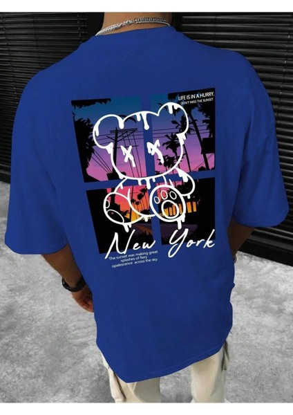 Bear New York Baskılı Oversize Erkek T-Shirt Salaş Boyfirend
