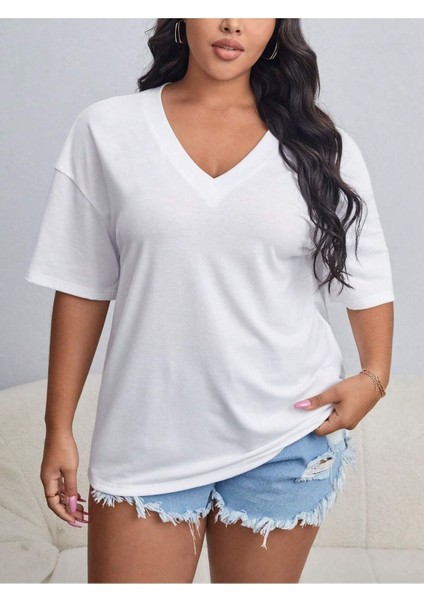 V Yaka Baskılı & Düz Beyaz Oversize T-Shirt Salaş Boyfirend
