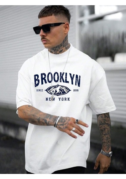 Brooklyn Baskılı Oversize Erkek T-Shirt Salaş Boyfirend