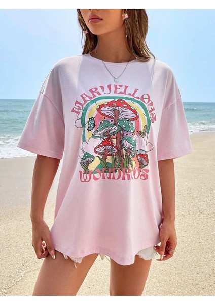 Marvellous Baskılı Pembe Oversize Salas Boyfriend Kadın T-Shirt Top Bluz fiyatları