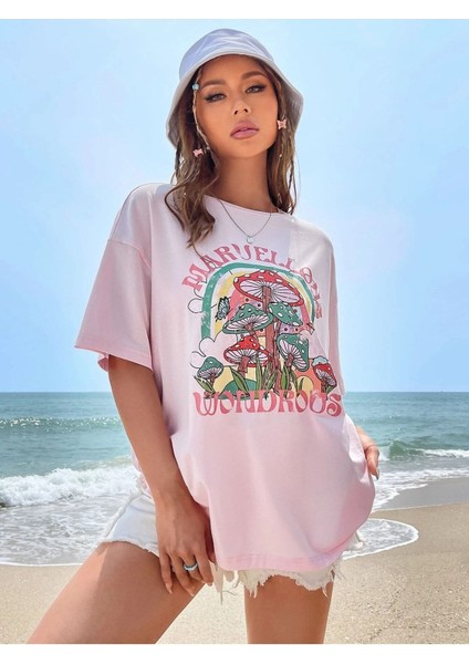 Marvellous Baskılı Pembe Oversize Salas Boyfriend Kadın T-Shirt Top Bluz modelleri