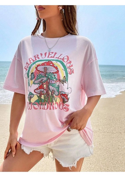 Marvellous Baskılı Pembe Oversize Salas Boyfriend Kadın T-Shirt Top Bluz fırsatları