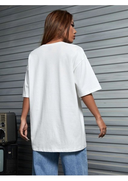 Kupa Kızı Baskılı Kadın Oversize Beyaz Salas T-Shirt Boyfriend fiyatları