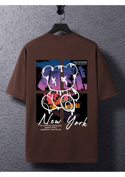 Bear New York Baskılı Oversize Erkek T-Shirt Salaş Boyfirend fiyatları