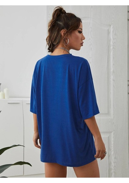Wild West Baskılı Kadın Oversize Saks Mavi Salas T-Shirt Boyfriend