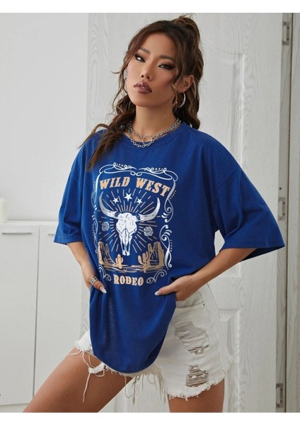 Wild West Baskılı Kadın Oversize Saks Mavi Salas T-Shirt Boyfriend