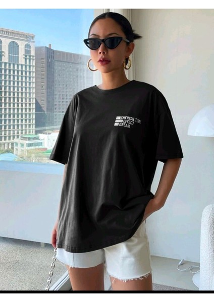 Kadın Cherısh Tıme Effect Baskılı Oversize Salaş T-Shirt Boyfriend