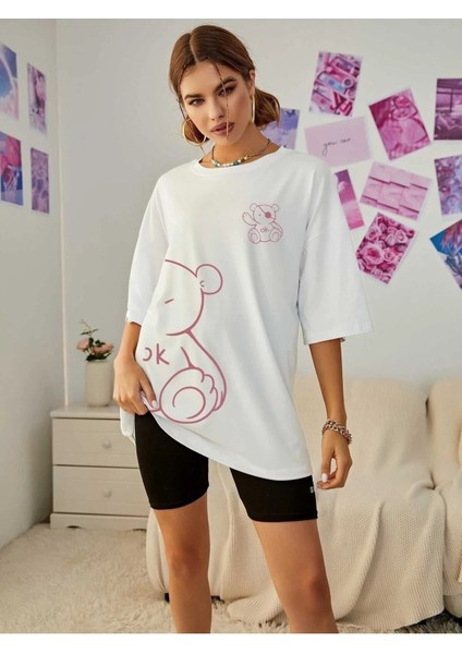 Ayıcık Baskılı Kadın Oversize T-Shirt Salaş Boyfirend modelleri