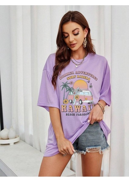 Surf Riders Baskılı Kadın Oversize T-Shirt Salaş Boyfirend