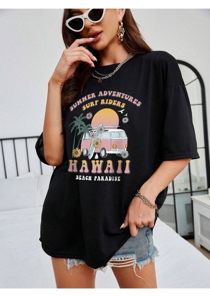 Surf Riders Baskılı Kadın Oversize T-Shirt Salaş Boyfirend