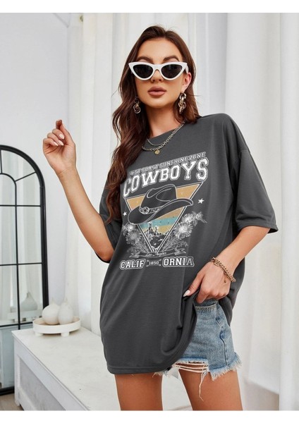 Cowboys Baskılı Kadın Oversize Salas T-Shirt Boyfriend indirimleri