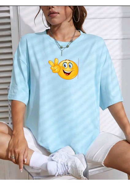 Emoji Baskılı Oversize Ünisex T-Shirt Salaş Boyfirend fiyatları