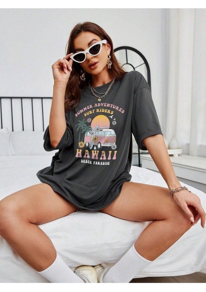 Surf Riders Baskılı Kadın Oversize T-Shirt Salaş Boyfirend