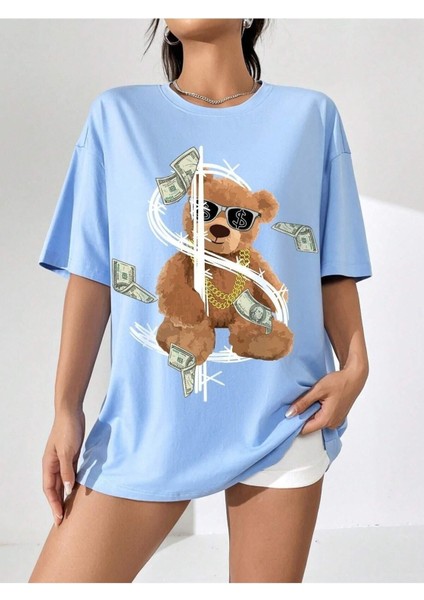 Dolar Bear Baskılı Oversize T-Shirt Salaş Boyfirend