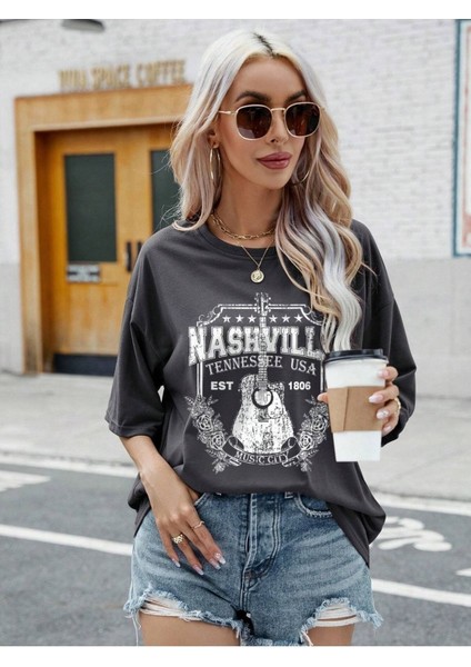 Tennessee Baskılı Kadın Oversize Kahverengi T-Shirt