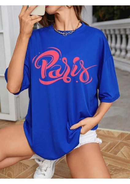Paris Baskılı Kadın Salas Oversize Saks Mavi T-Shirt Boyfriend modelleri