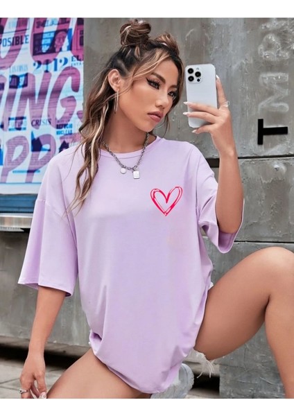 Kadın Tiny Heart Baskılı Kadın Oversize Salas T-Shirt modelleri