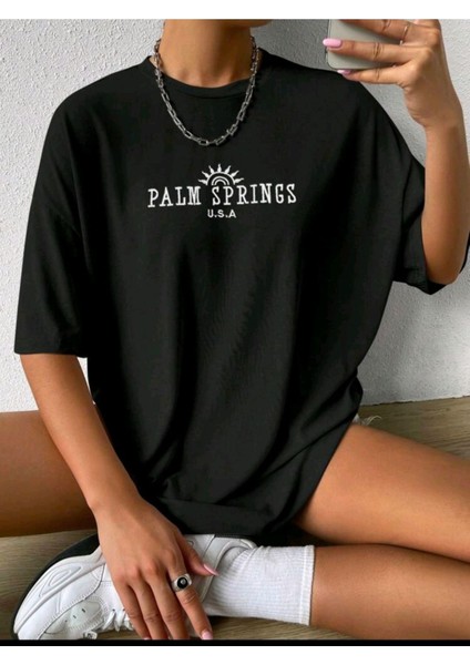 Kadın Palm Sprıngs U.s.a Baskılı Oversize Salaş T-Shirt Boyfriend