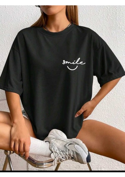 Kadın Smile Baskılı Oversize Salaş T-Shirt Boyfriend