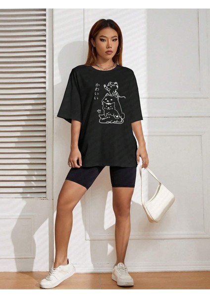Sevimli Kediler Baskılı Oversize T-Shirt Salaş Boyfirend