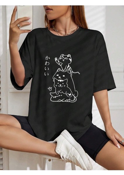 Sevimli Kediler Baskılı Oversize T-Shirt Salaş Boyfirend