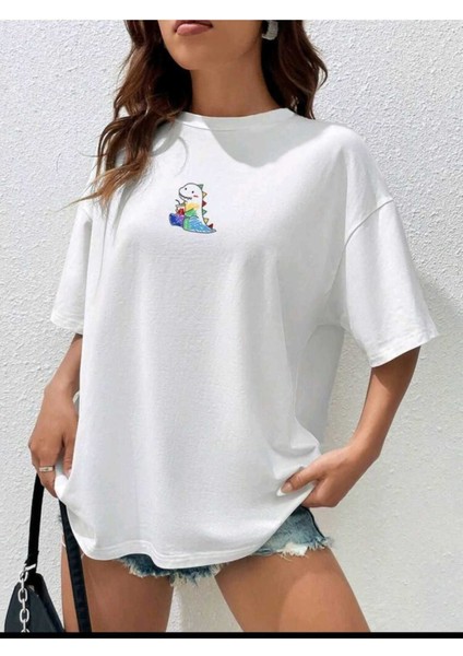 Kadın Minimal Sevimli Dinazor Baskılı Beyaz Oversize Salas T-Shirt Boyfriend