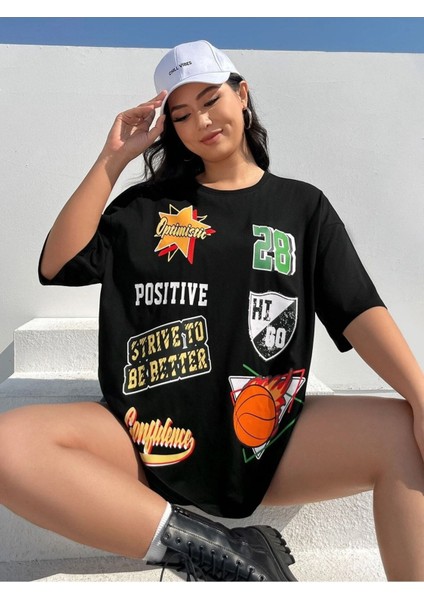 Siyah Oversize T-Shirt Rozet Baskılı fiyatları