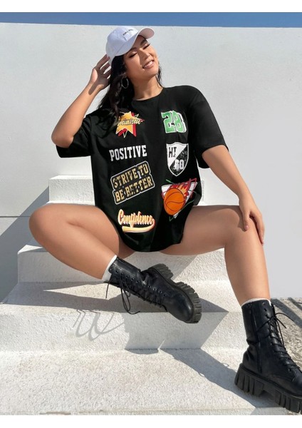 Siyah Oversize T-Shirt Rozet Baskılı indirimleri