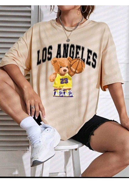 Kadın Losangel 23 Baskılı Oversize Salaş Bej T-Shirt Ünisex Boyfirend