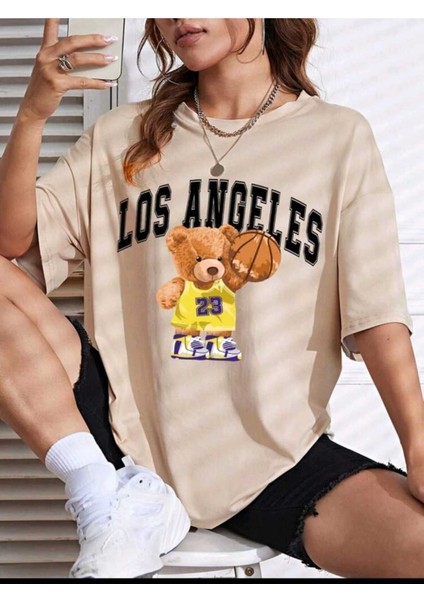 Kadın Losangel 23 Baskılı Oversize Salaş Bej T-Shirt Ünisex Boyfirend modelleri