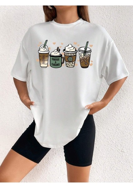 Coffee Caramel Baskılı Kadın Oversize T-Shirt Salaş Boyfirend