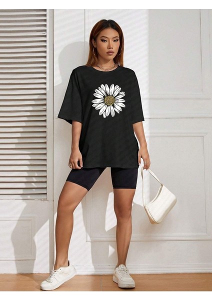 Papatya Baskılı Siyah Oversize T-Shirt Salaş Boyfirend fiyatları