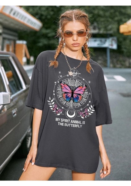 Kelebek Baskılı Füme Oversize T-Shirt Salaş Boyfirend