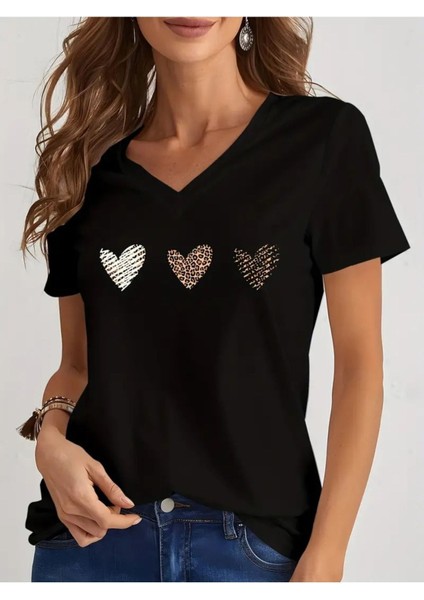 Kadın Baskılı Kadın Oversize V Yaka T-Shirt Salaş