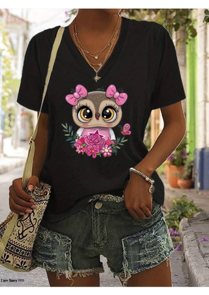 Kadın Baskılı Kadın Oversize V Yaka T-Shirt Salaş