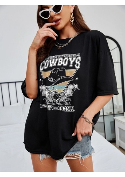 Cowboys Baskılı Kadın Oversize Salas T-Shirt Boyfriend