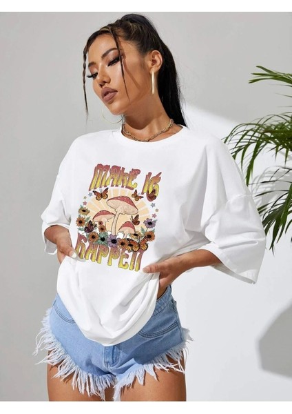 Beyaz Oversize T-Shirt Make Is Happey Baskılı modelleri