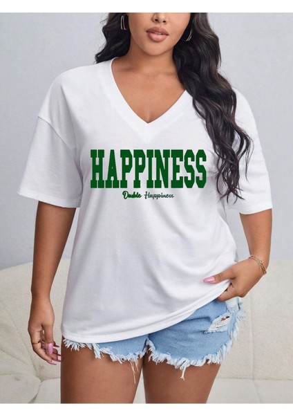V Yaka Baskılı & Düz Beyaz Oversize T-Shirt Salaş Boyfirend