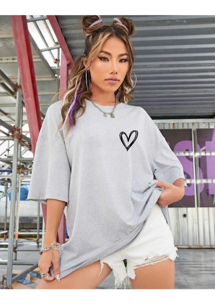 Tiny Heart Baskılı Kadın Oversize Salas T-Shirt Boyfriend