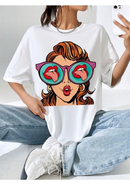 Pop Art Face Baskılı Oversize T-Shirt Salas Boyfriend