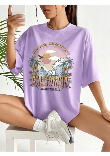 Summer Adventures Baskılı Oversize T-Shirt Salaş Boyfirend modelleri