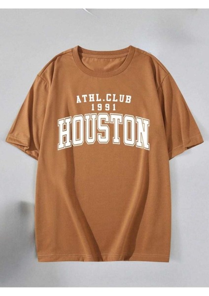 Houston Baskılı Kadın Oversize Salas T-Shirt Boyfriend