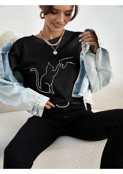 Cat Baskılı Kadın Oversize Salas T-Shirt Boyfriend